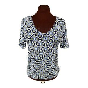 Bleeker & McDougal Blue Green White Short Sleeve Textured Geo Top Size PS